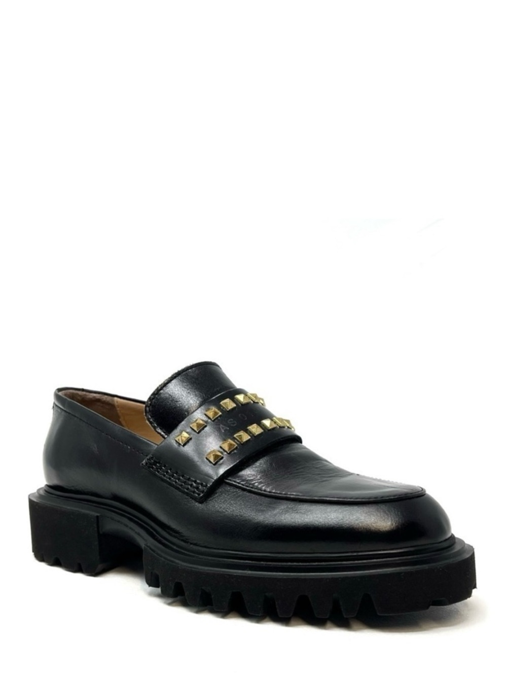 Allsaints Lola Studded Apron Toe Loafers Women's Size 6 Black Leather Gold Stud